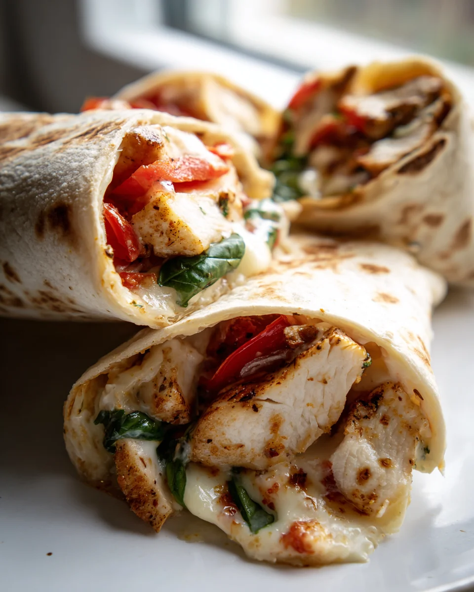 Hähnchen Mozzarella Wraps mit Tomaten und Basilikum Rezept