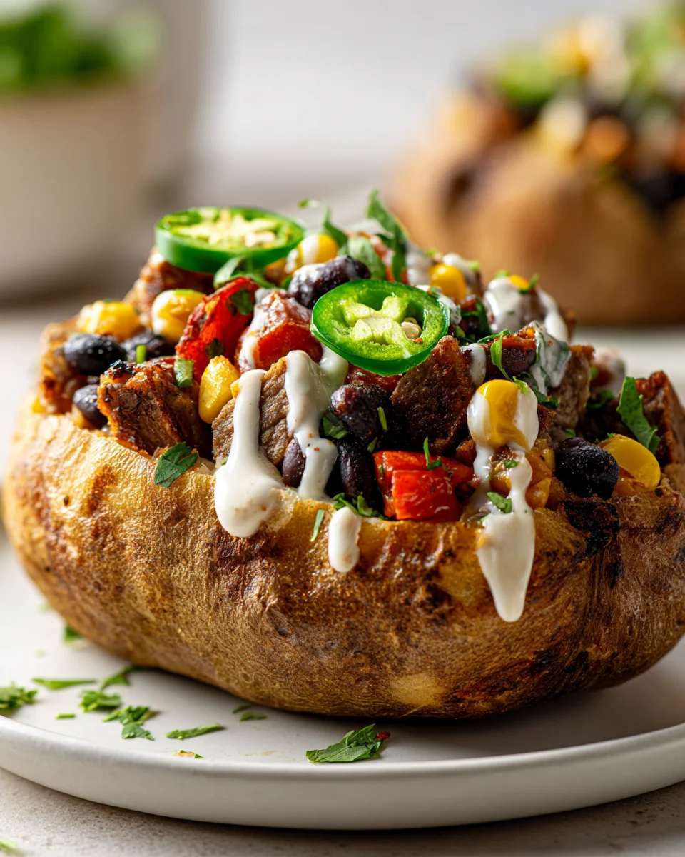 Southwest Steak gefüllte Ofenkartoffeln mit Jalapeños & Crema