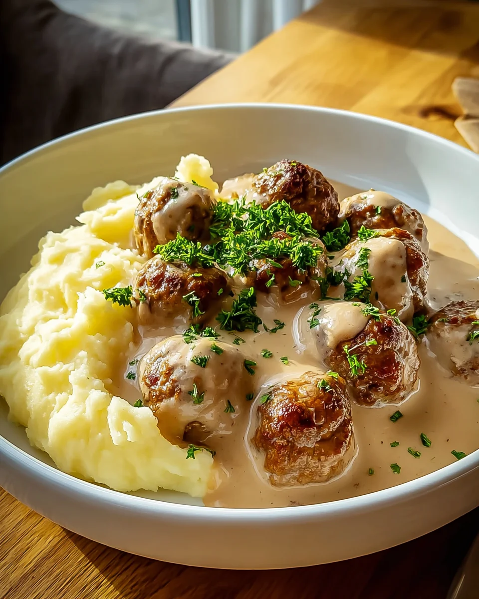 Hackbällchen in cremiger Sauce mit Kartoffelpüree genießen!