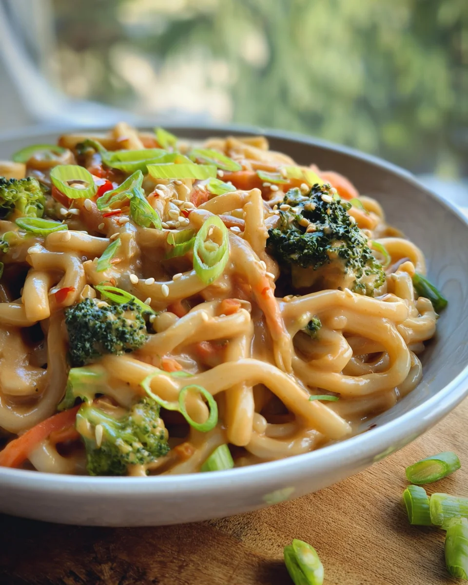 Udon Nudeln mit Erdnusssauce und Gemüse