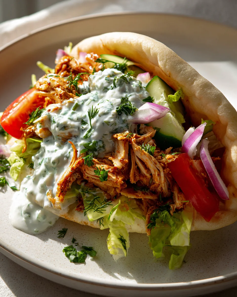 Slow Cooker Hähnchen Pitas mit Tzatziki und frischem Gemüse