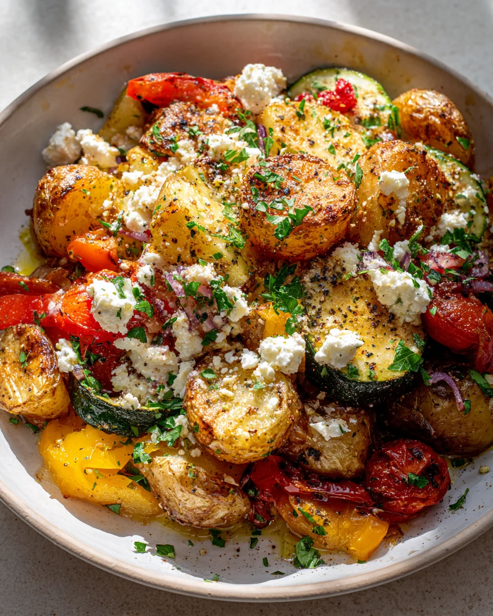 Knusprige Kartoffeln mit Feta und Ofengemüse - Rezeptidee!