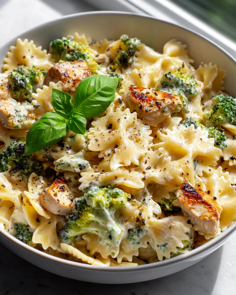 Cremige Cheddar-Havarti Hähnchen-Bowtie-Pasta mit Brokkoli