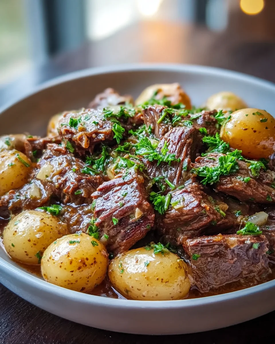 Langsam gegartes Knoblauchbutter-Rindfleisch mit Kartoffeln