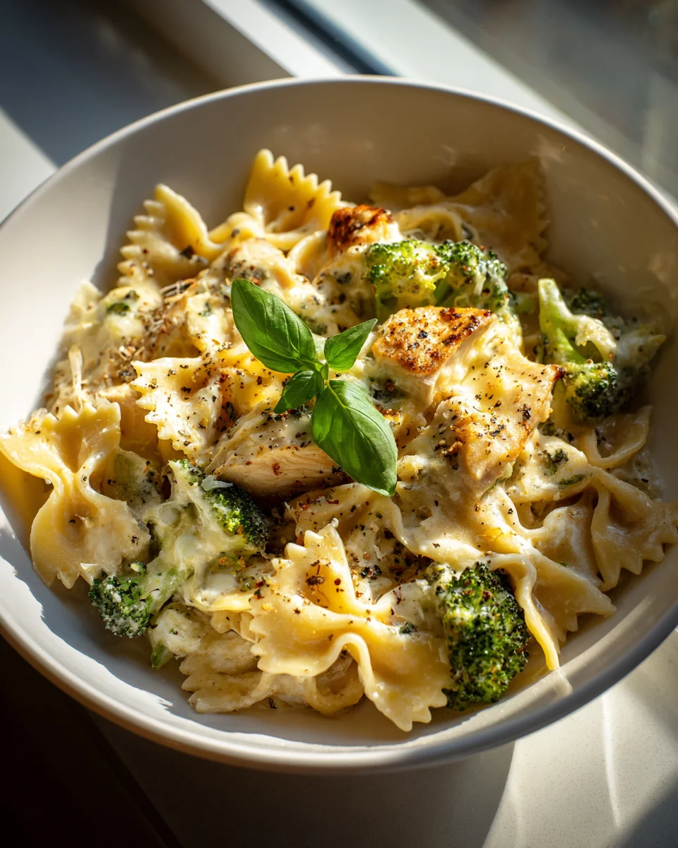 Cremige Cheddar-Havarti Hähnchen-Bowtie-Pasta mit Brokkoli