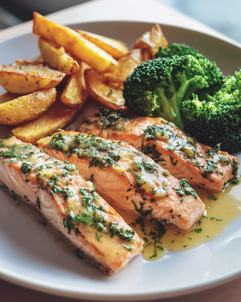 Zitronenbutterlachs mit knusprigen Kartoffeln und Brokkoli