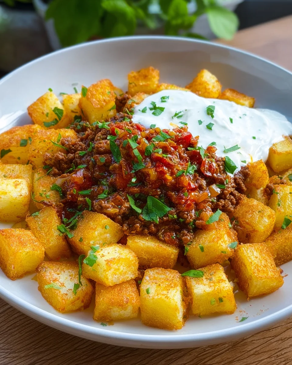 Knusprige Kartoffeln mit Hackfleisch und Joghurt