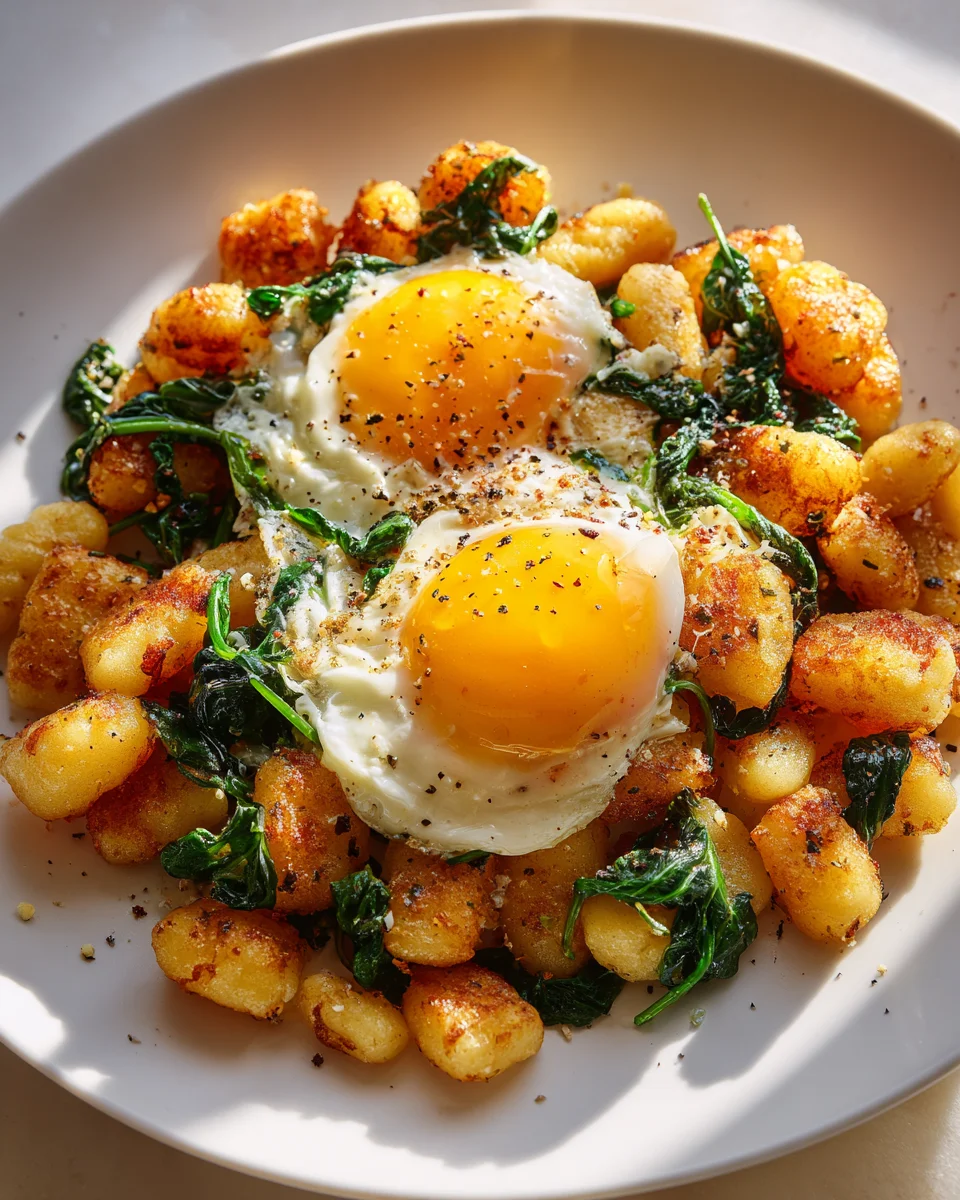 Gnocchi Frühstücks-Hash mit Spinat und Eiern – Schnell & Lecker!