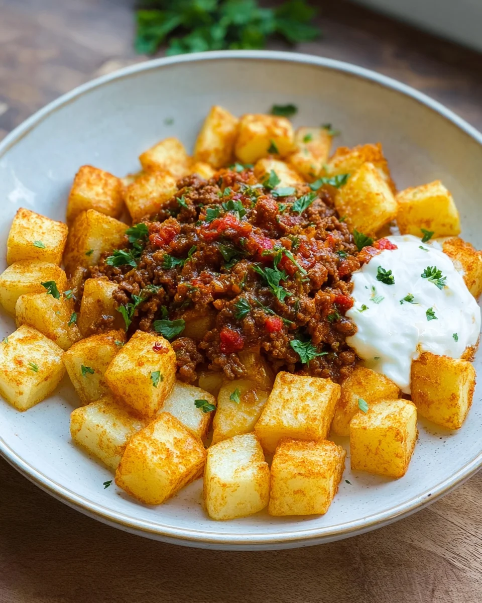 Knusprige Kartoffeln mit Hackfleisch und Joghurt