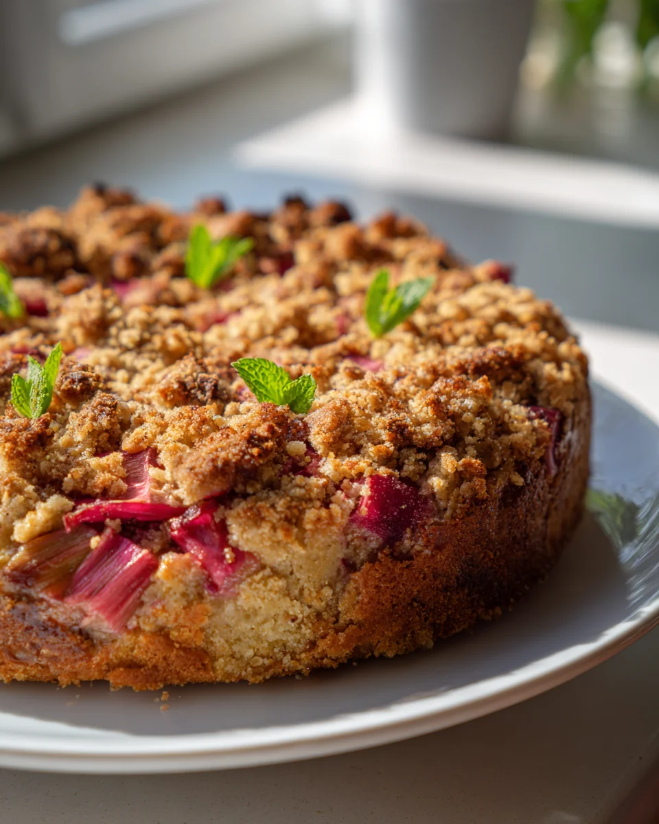 Veganer Rhabarberkuchen mit Kokosmilch und knusprigem Crumble