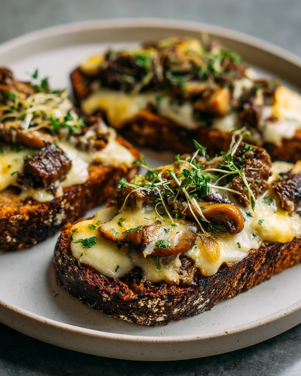 Rustikale non-alkoholische Ale Käse Beef Champignon Toasts