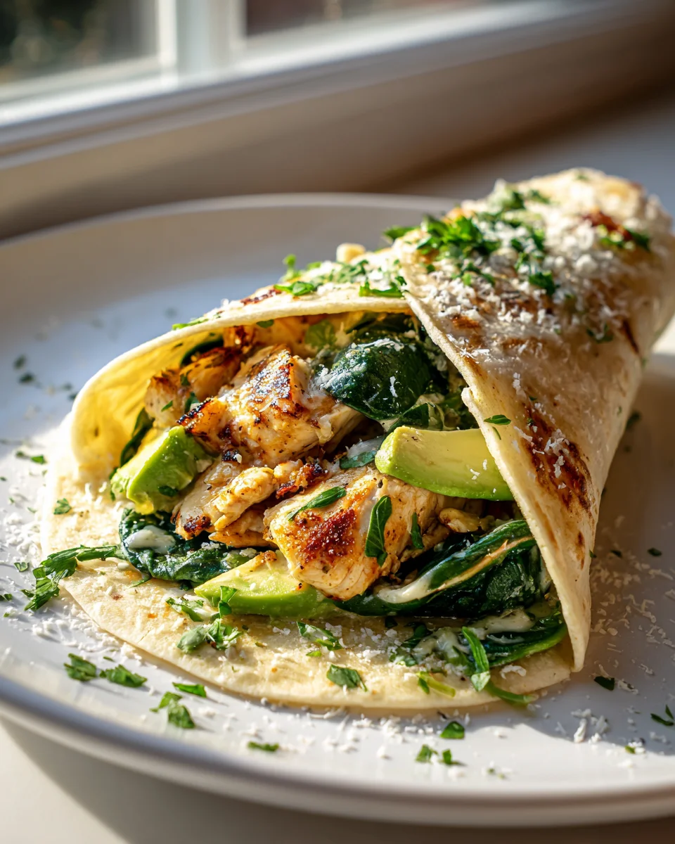Low Carb Cheesy Garlic Chicken Wraps mit Spinat und Avocado